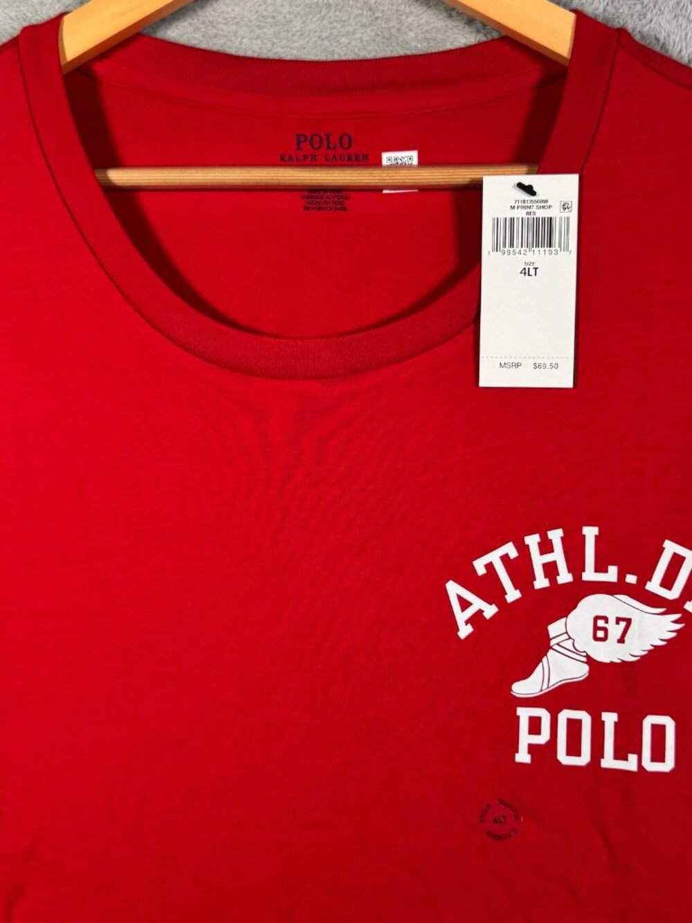 Polo Ralph Lauren T Shirt Mens 4XLT 4XL Tall Red Athletic Div P Wing 67 $70